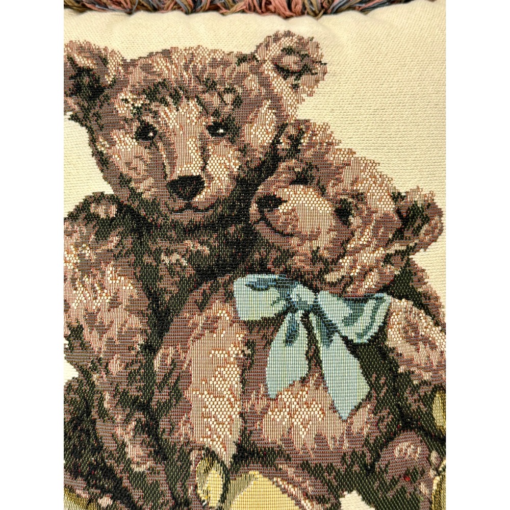 Vintage Dakotah Teddy Bear Woven Tapestry Throw Pillow Fringed Cream 12" x 13" - Picture 4 of 8